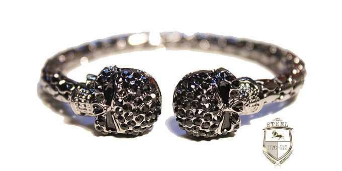 Rhodium Plated Double Skull Black Diamonds