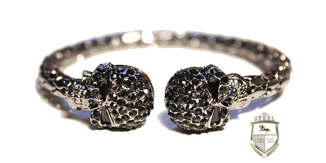 Rhodium Plated Double Skull Black Diamonds