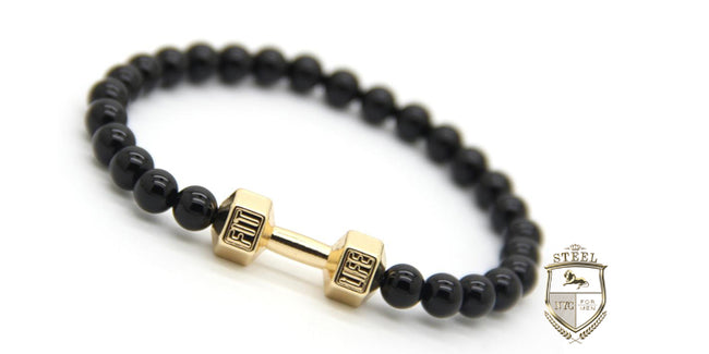 Black Agate Gold Dumbbell  Fit Bracelet
