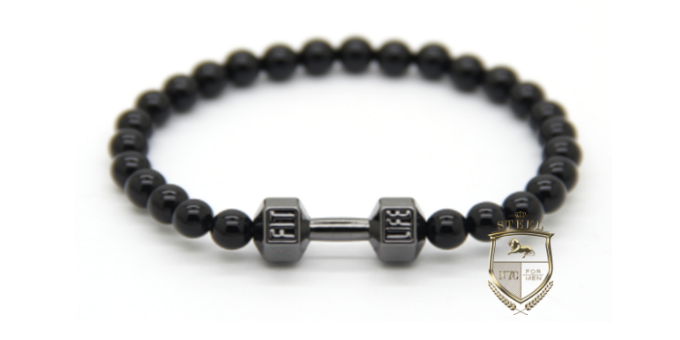 Black Agate Rhodium Dumbbell  Fit Bracelet