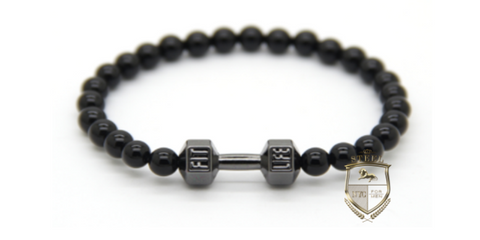 Black Agate Silver  Dumbbell  Fit Bracelet