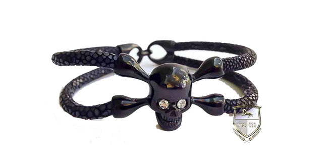 Black Stingray Leather Rhodium Skull White Diamond Eyes