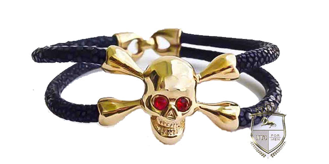Black Stingray Leather Gold Plated Skull Red Diamond Eyes