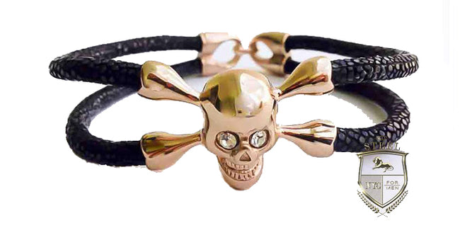 Black Stingray Leather Rose Gold Plated Skull White Diamond Eyes