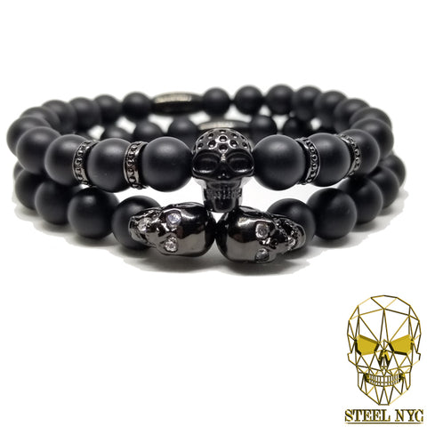 Red Leather Rhodium Plated Twin Skulls