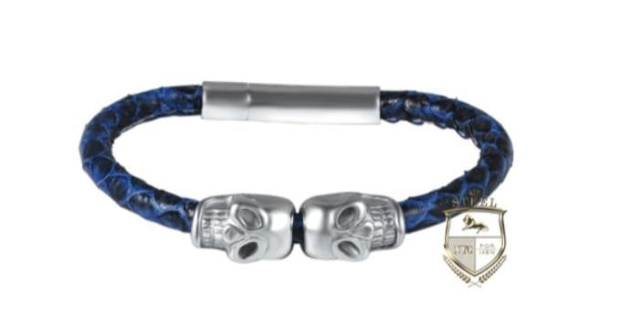 Blue Leather Silver Plated Skulls