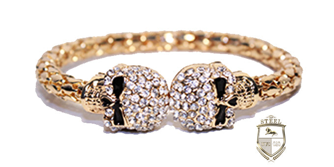 24k Gold Plated Double Skull White Diamonds