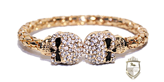 24k Gold Plated Double Skull White Diamonds