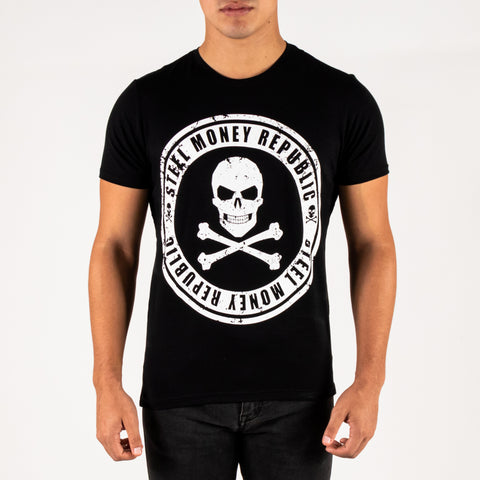 Playera Negra Rockstar Skull Azul Plata