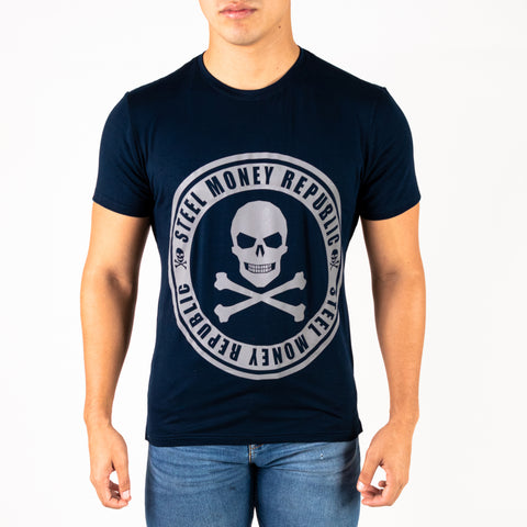 Playera Negra Rockstar Skull Azul Plata
