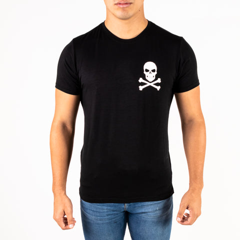 Playera Negra Rockstar Skull Azul Plata