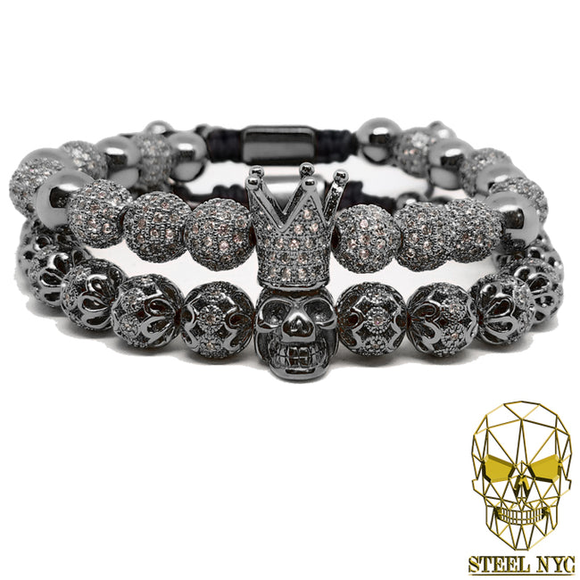 Black Rhodium Crown King Royal Stack (Set de Pulseras Rey Calavera Corona Rodio Negro)
