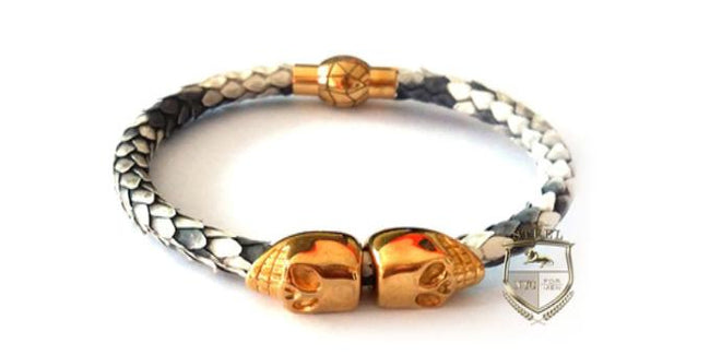 White & Black Python Leather Gold Plated Skulls
