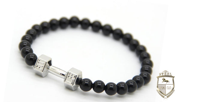 Black Agate Silver  Dumbbell  Fit Bracelet