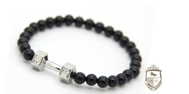 Black Agate Silver  Dumbbell  Fit Bracelet
