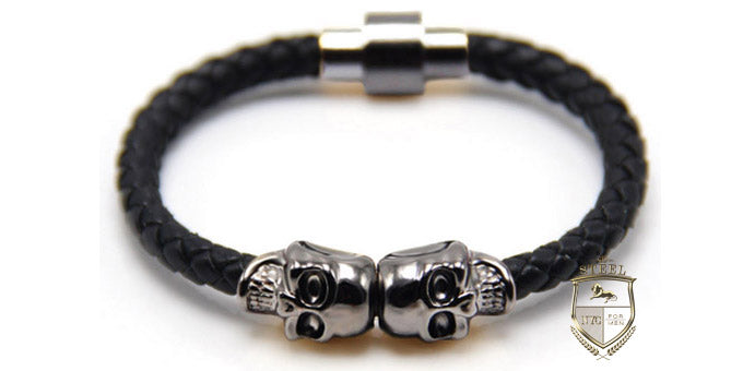 Black Leather Rhodium Twin Skulls