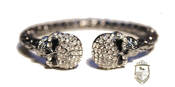 Silver Plated Double Skull White Diamonds