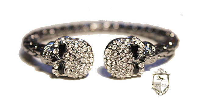 Silver Plated Double Skull White Diamonds