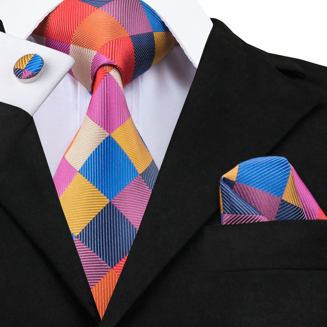 Set Corbata, Mancuernillas y Pañuelo Cuadros Colores