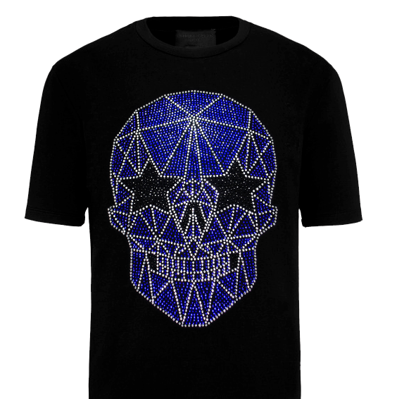 Playera Negra Rockstar Skull Azul Plata