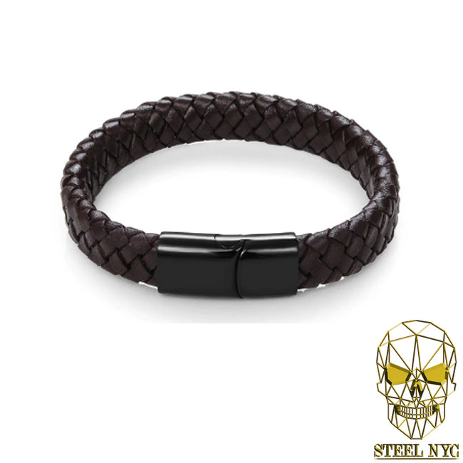 Pulsera Piel Cafe y Acero Inoxidable Negro