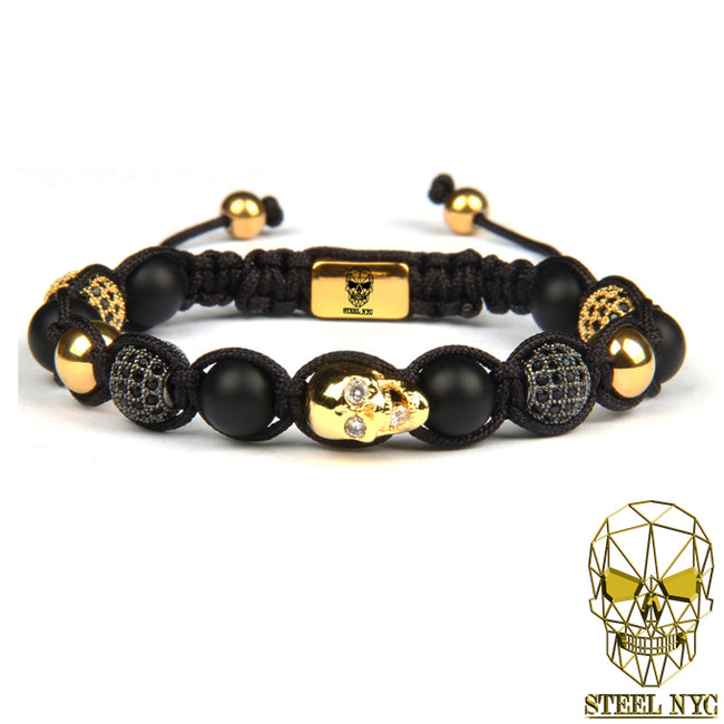 Diamond Eyes Skull Onyx Bracelet Gold