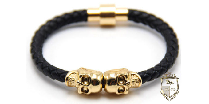 Black Leather Gold Plated Twin Skulls