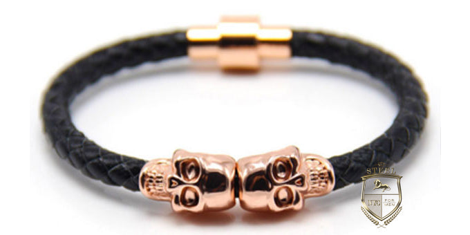 Black Leather Rose Gold Plated Twin Skulls