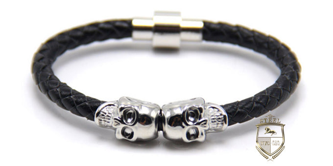 Black Leather Silver Plated Twin Skulls