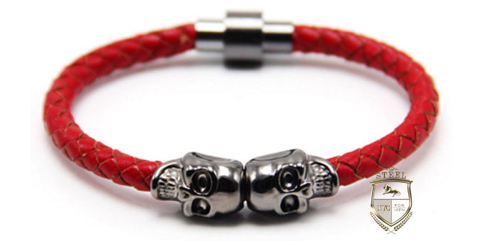 Red Leather Rhodium Plated Twin Skulls