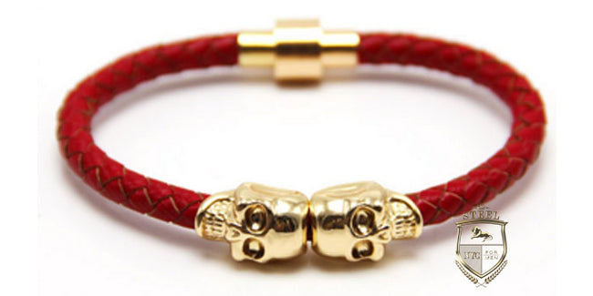 Red Leather Gold Plated Twin Skulls